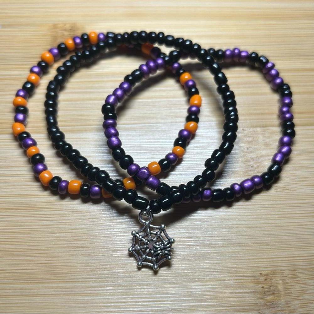 Black, Purple and Orange Beaded Bracelet Set with Spider Web Charm